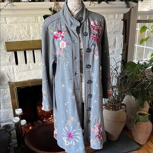 Johnny Was Gray Floral Embroidered Coat